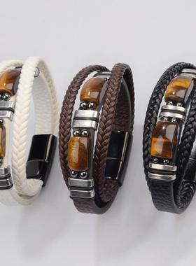 跨境爆款虎眼石皮革手镯不锈钢手链多层皮革首饰百搭男士手镯