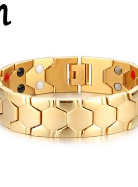 欧美男士正方磁石钛钢手链 锗石霸气锗粒磁石四合一手饰能量手镯