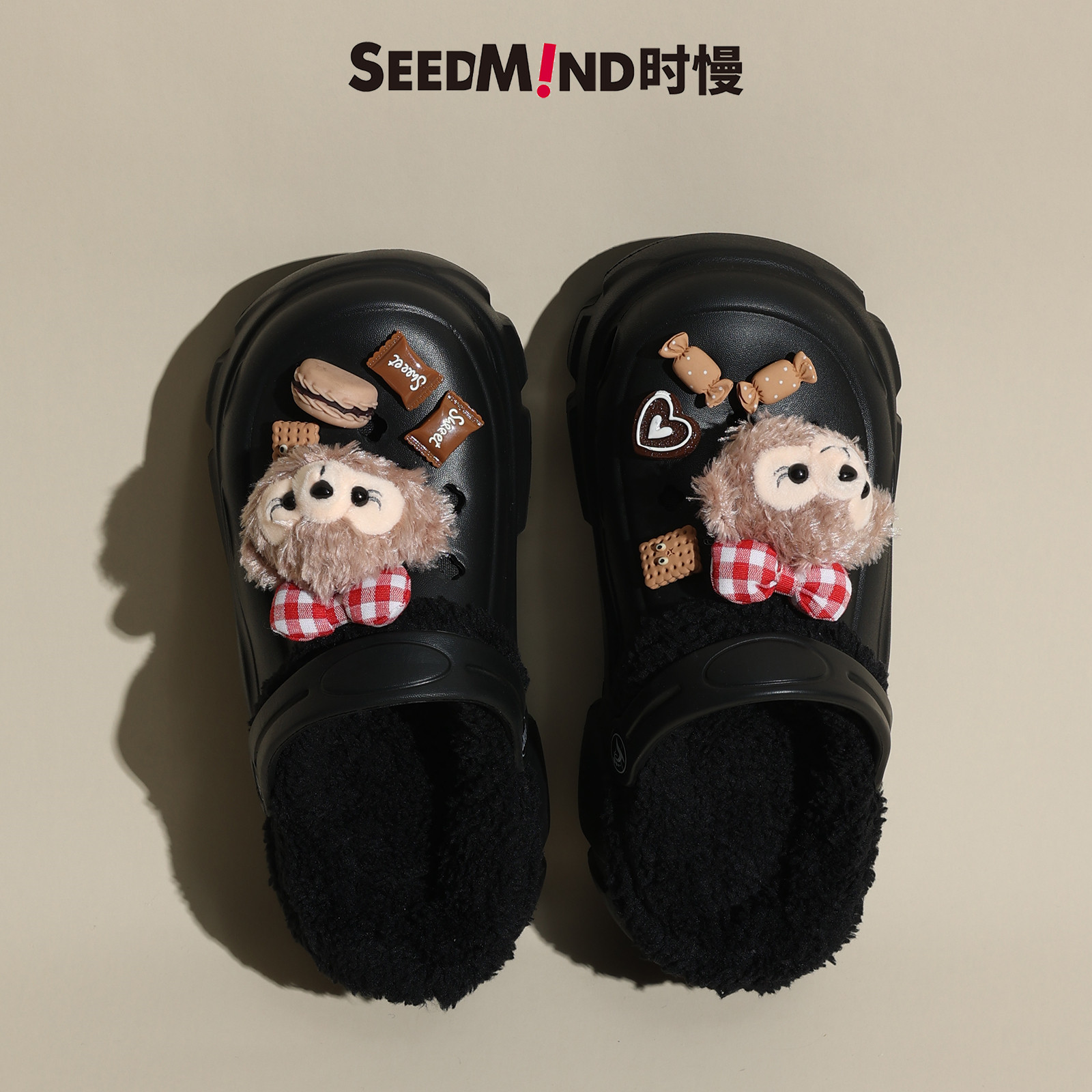 时慢洞洞鞋冬季加绒可拆卸女秋冬款黑色外穿女款增高加棉拖鞋毛绒,淘宝优惠券,粉丝福利购,淘宝优惠卷