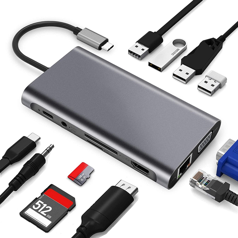 11 in 1 USB C Hub with 4 USB Gigabit Ethernet VGA HDMI USB C - 图0