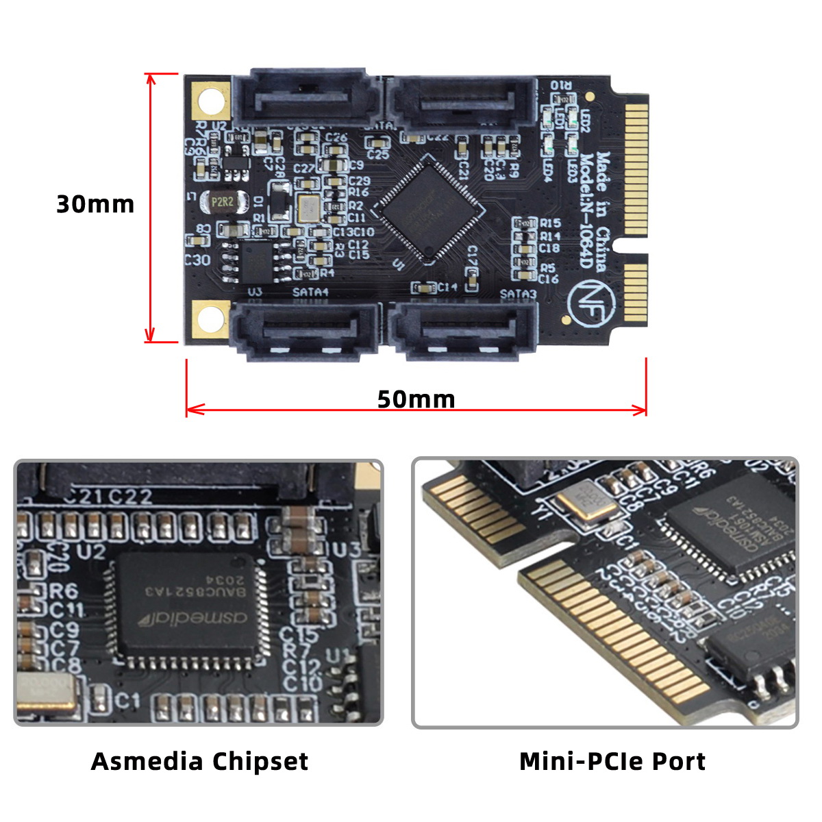 NFHK半高双口全高延长Mini PCIE转4口SATA3.0转接卡支持黑白群晖-图1