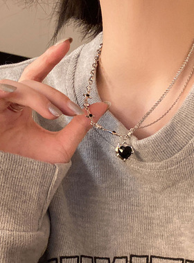 甜酷爱心双层钛钢项链女轻奢小众毛衣卫衣链设计感锁骨链吊坠