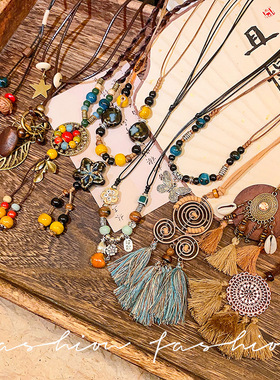 橡果森系植物干果毛衣链长款民族风配饰男女手工编织棉麻服饰项链