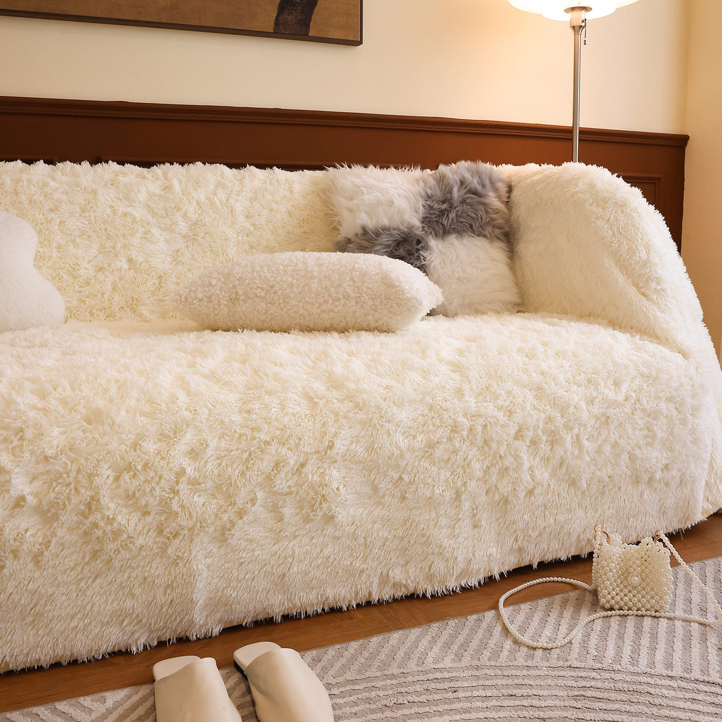 枕西湖奶油风冬季毛绒沙发巾新款简约全包保暖沙发垫单三人盖布毯,淘宝优惠券,粉丝福利购,淘宝优惠卷