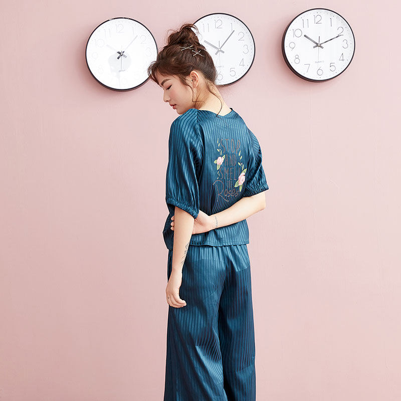 花灌春夏短袖丝滑条纹可爱文艺睡衣 花灌睡衣/家居服套装