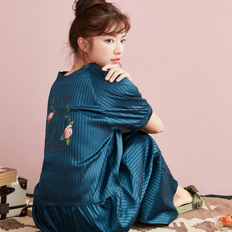 花灌春夏短袖丝滑条纹可爱文艺睡衣 花灌睡衣/家居服套装
