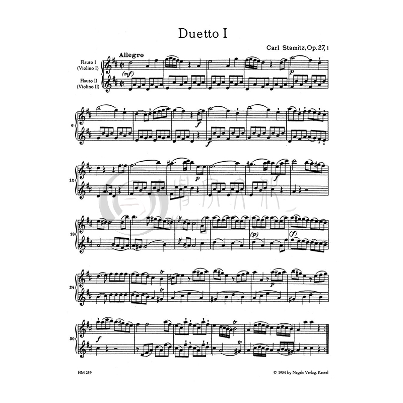 斯塔米茨 二重奏 op27 六首 两支长笛或两把小提琴 全套共一至二卷 骑熊士书 Stamitz 6 Duets 2 Flutes 2 Violins HM259/260 - 图1