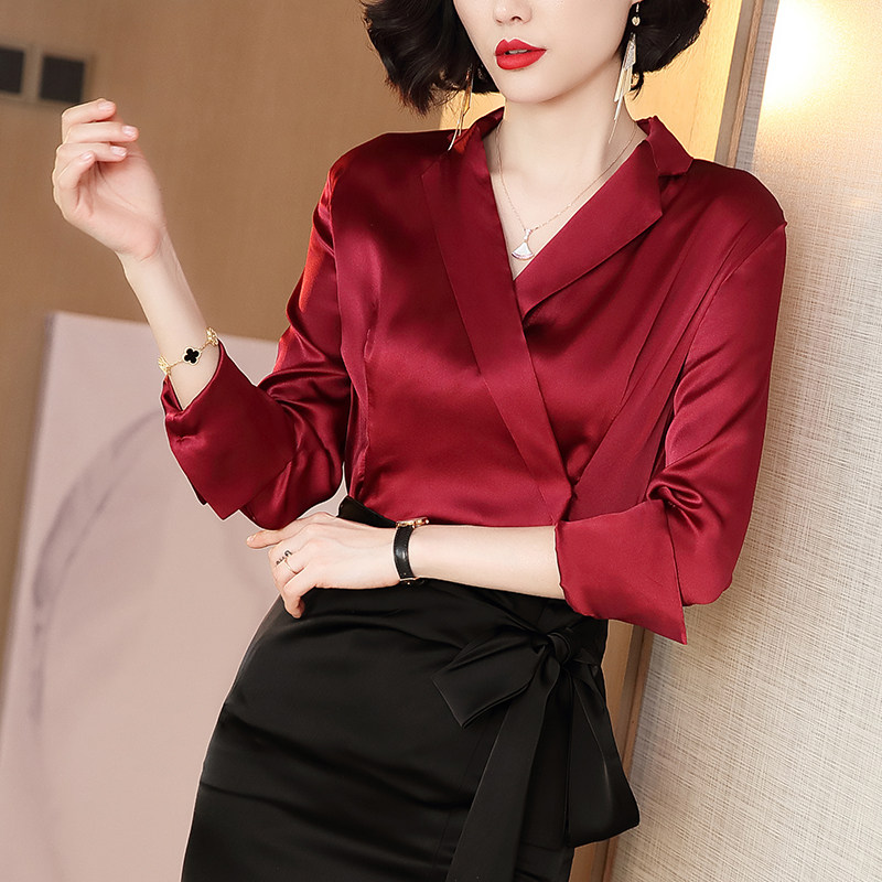 whmk /午后摩卡缎面女西装领女衬衣 午后摩卡衬衫