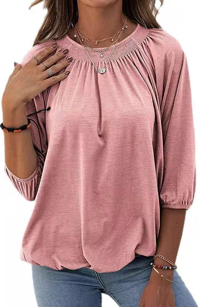 2022 summer new solid color loose round neck T-shirt women - 图0