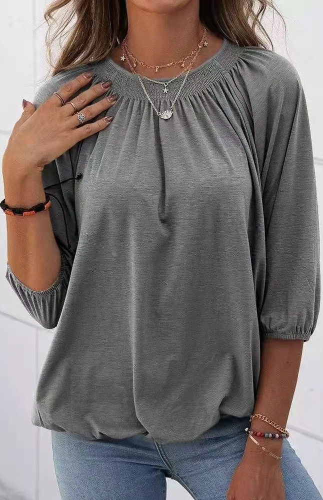 2022 summer new solid color loose round neck T-shirt women - 图1