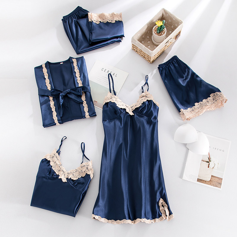 性感春秋季冰丝五件套吊带仿真睡裙 贝心适睡衣/家居服套装