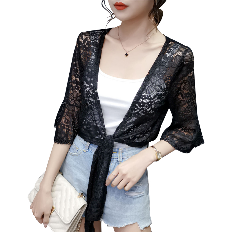 蕾丝小披肩女夏季2020开衫防晒衫 蜜诗芳蕾丝衫/雪纺衫