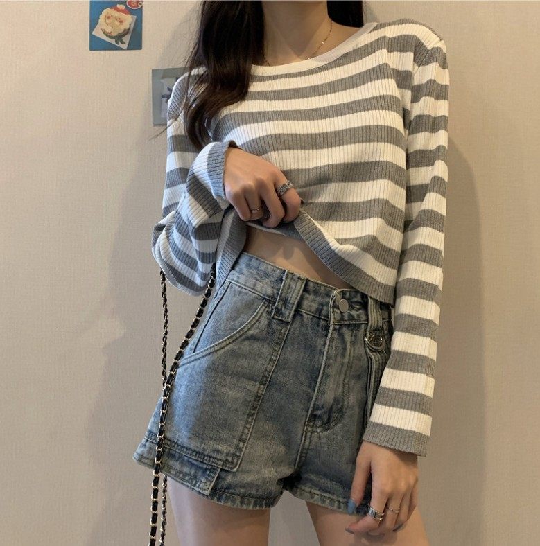 条纹海军领长袖针织衫假两件t恤 麻萱毛针织衫