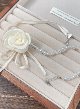玫瑰花珍珠项链小众高级感锁骨链