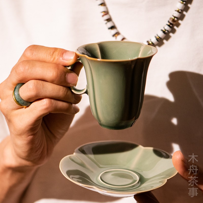 木舟茶事越窑青瓷四叶草咖啡杯马克茶杯主人杯复古带把手茶杯茶具-图0