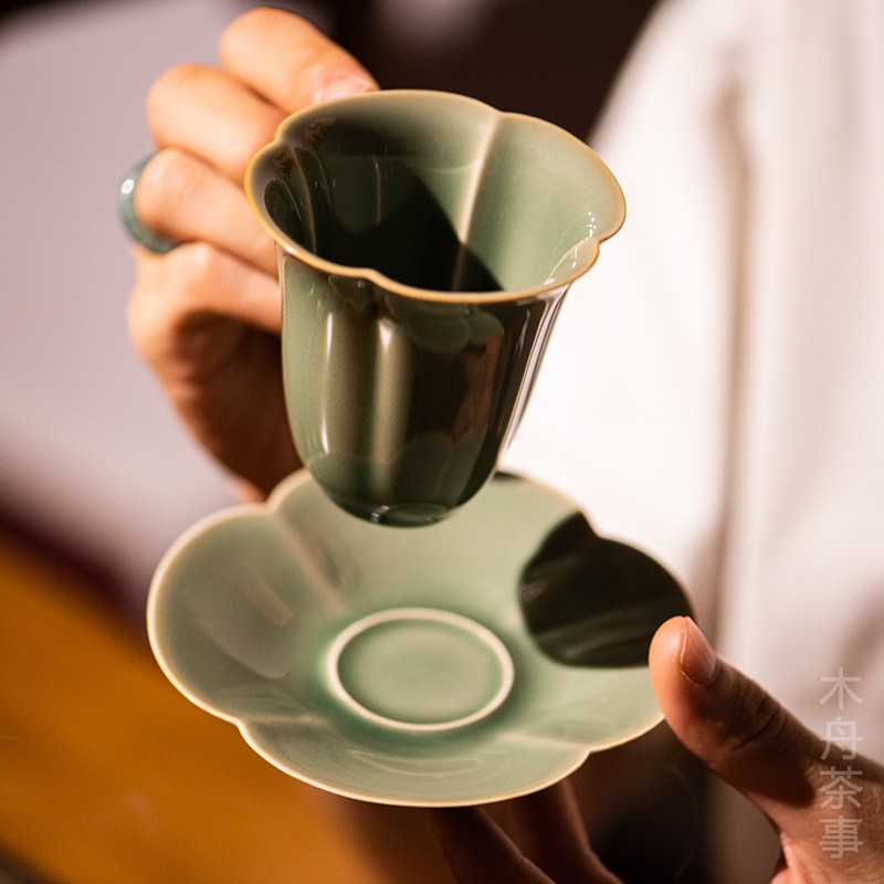 木舟茶事越窑青瓷四叶草咖啡杯马克茶杯主人杯复古带把手茶杯茶具-图2