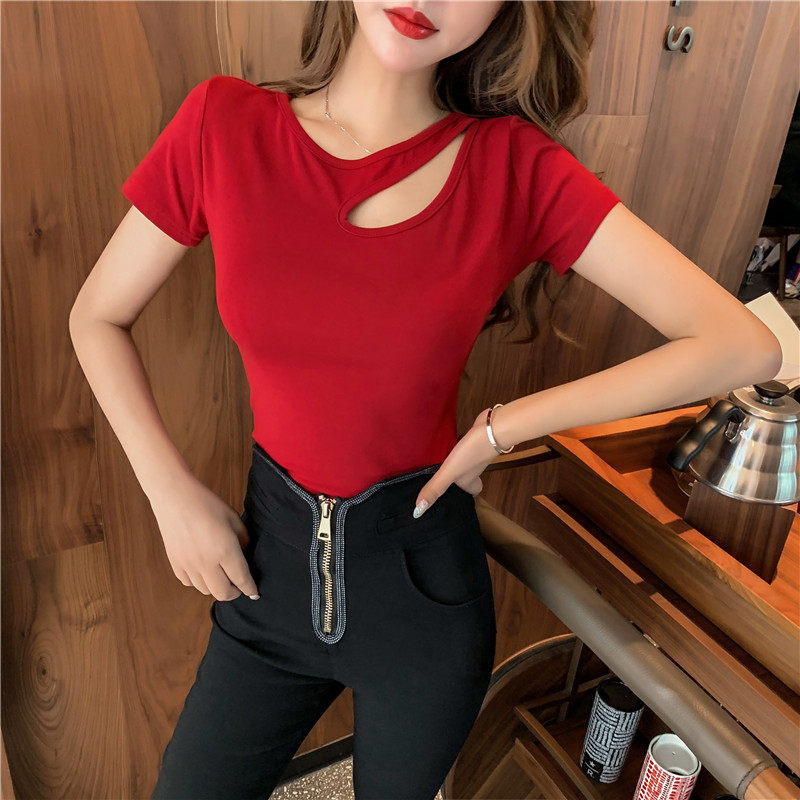 短袖破洞镂空黑色紧身上衣遮肉t恤 炫魅影T恤