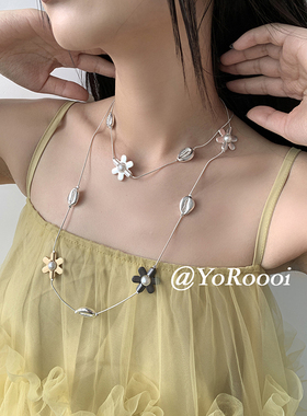 时髦花朵撞色拼接长款多用项链