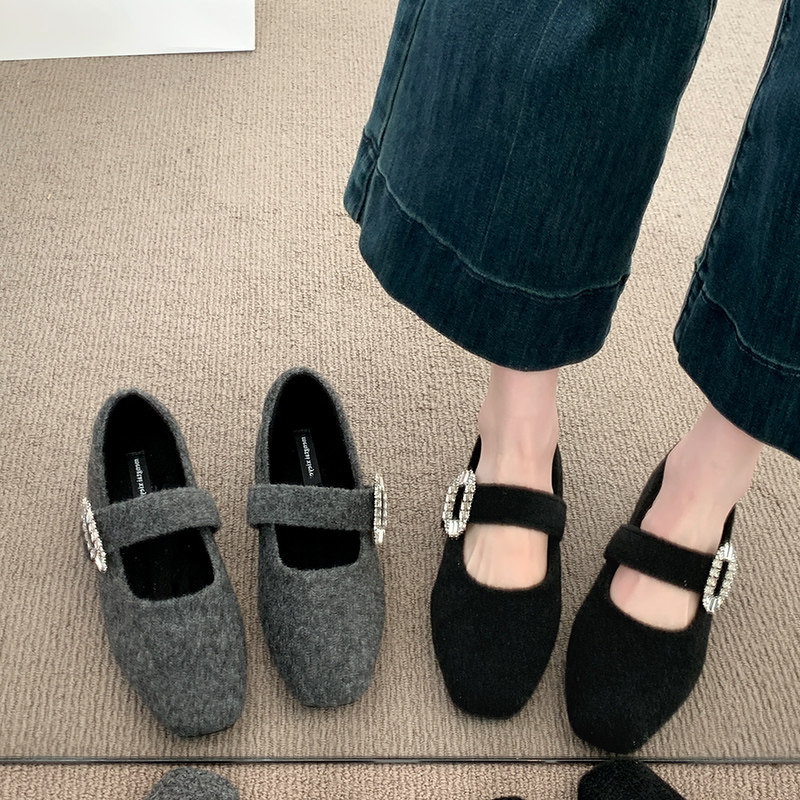 法式加绒玛丽珍鞋女款2025冬季新款小香风毛毛鞋水钻毛呢浅口单鞋,淘宝优惠券,粉丝福利购,淘宝优惠卷