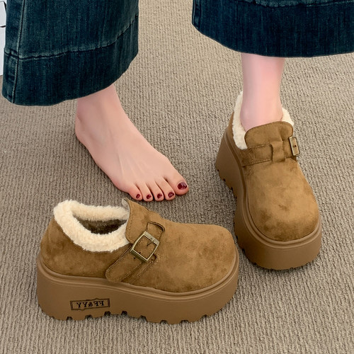 厚底增高加绒勃肯鞋女2025秋冬季新款乐福鞋博肯棉鞋子保暖雪地靴 - 图1