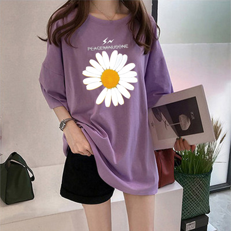 惠侣衣橱旗舰店中长款t恤短袖女士年新款夏装ins潮大码宽松半袖小雏菊上衣服0