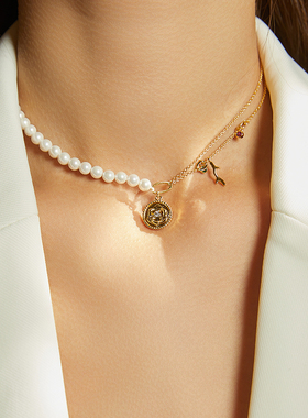 Aay珍珠拼接项链女2021年新款轻奢设计感锁骨链925纯银玫瑰花颈链