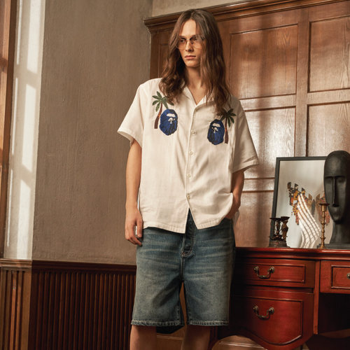 MR.BATHING APE男装春夏猿人胡子刺绣猫须水洗牛仔短裤301511O - 图1