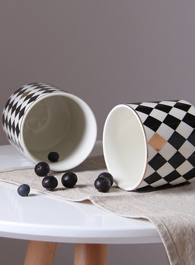 菱格陶瓷密封罐 轻奢创意储物罐厨房收纳盒罐咖啡罐 木盖茶叶瓶罐