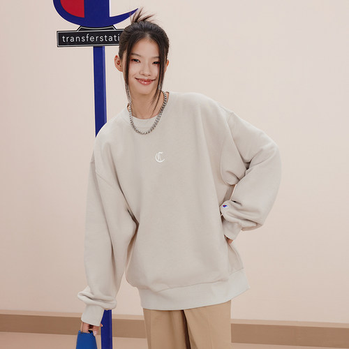 Champion冠军卫衣女冬季情侣刺绣纯色休闲运动加绒圆领套头上衣男 - 图1