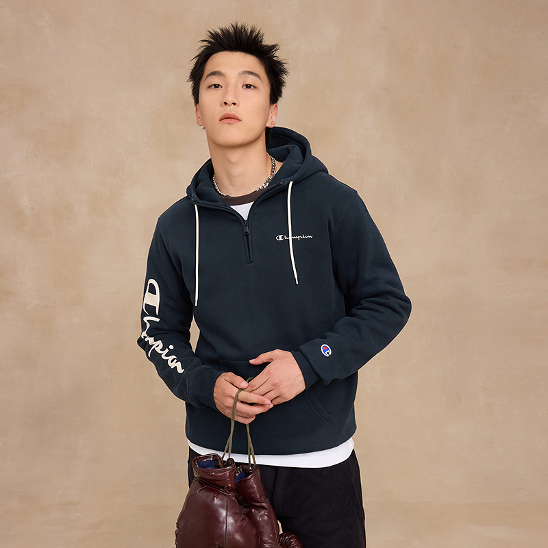 Champion冠军卫衣女2025冬季新款情侣休闲加绒半拉链连帽上衣男 - 图2