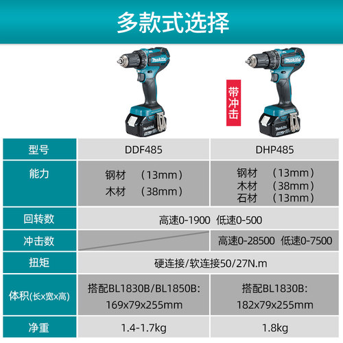 牧田电钻DDF485充电式无刷冲击钻DHP485多功能家用18V锂电动工具 - 图2