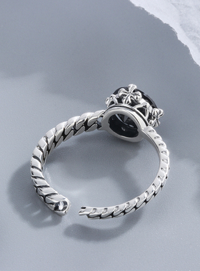 个性小众风复古黑钻开口链条戒指