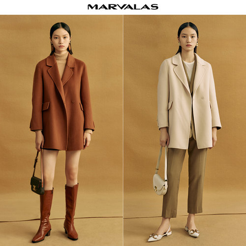 曼德诗毛呢外套2025冬季新品收腰高级感小个子短款双面呢子大衣女 - 图0