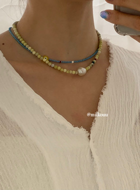 韩国串珠夏日橘色蓝色项链