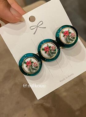 韩国复古油画风圆形绿色花朵发夹
