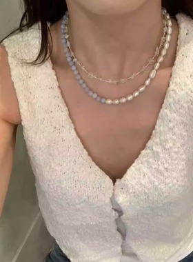 韩国代购 蓝色天然原石串珠拼接天然巴洛克淡水珍珠项链