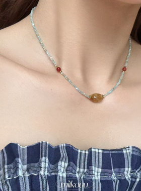 milkouu/夏日小度假风 韩系柠檬天然石红玛瑙串珠项链锁骨链