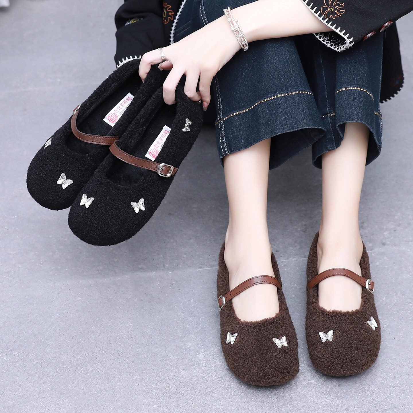 玛丽珍毛毛鞋女冬季外穿加绒保暖豆豆鞋女2025新款平底老北京布鞋,淘宝优惠券,粉丝福利购,淘宝优惠卷