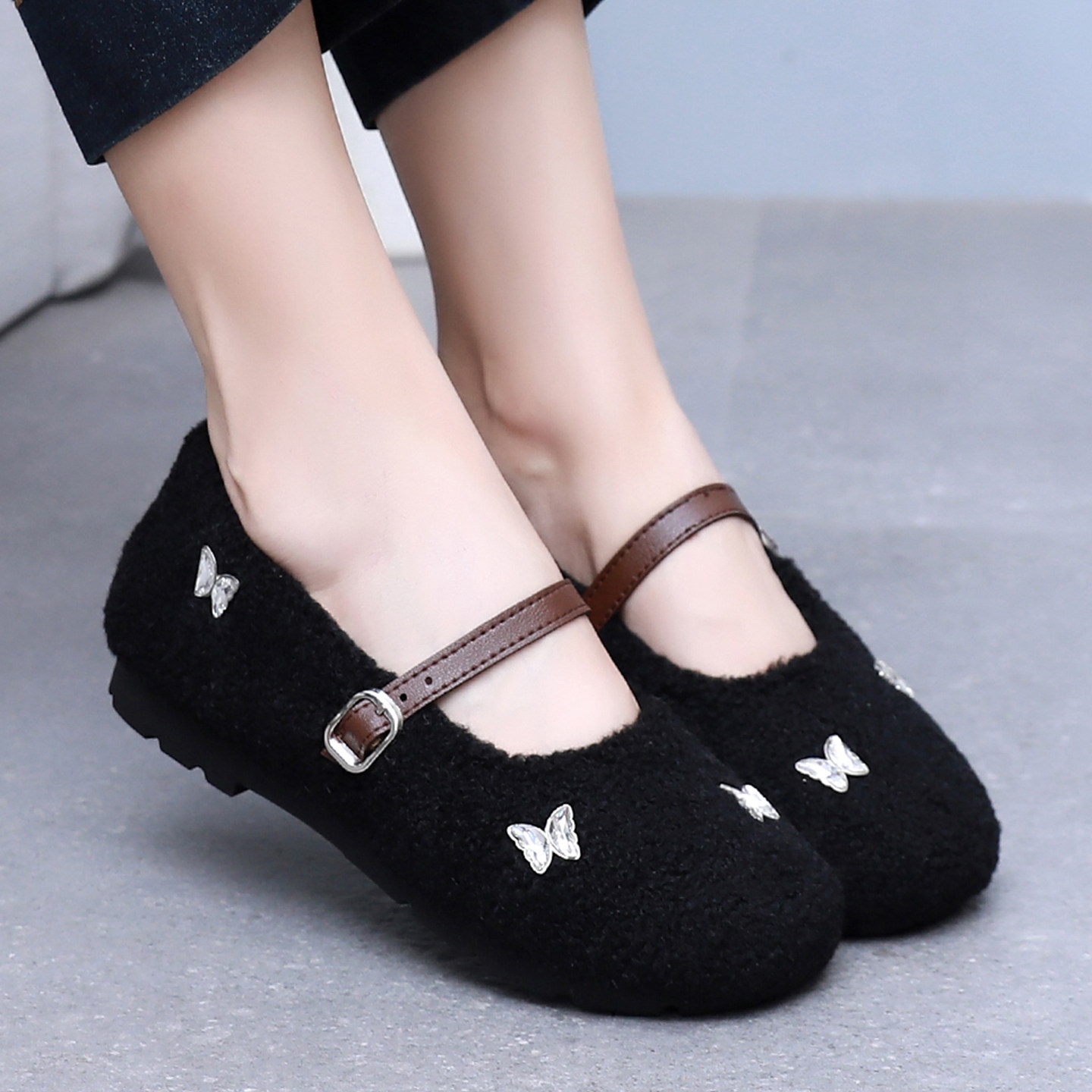 玛丽珍毛毛鞋女冬季外穿加绒保暖豆豆鞋女2025新款平底老北京布鞋,淘宝优惠券,粉丝福利购,淘宝优惠卷