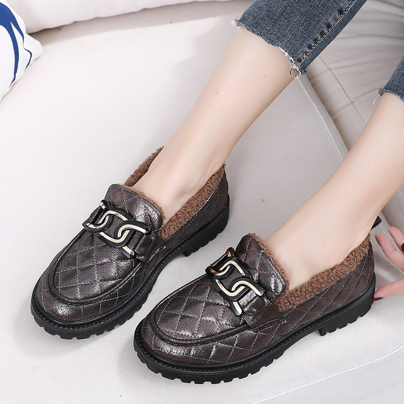 粗跟乐福鞋女冬季2025新款加绒加厚底豆豆鞋保暖棉鞋工作鞋一脚蹬,淘宝优惠券,粉丝福利购,淘宝优惠卷