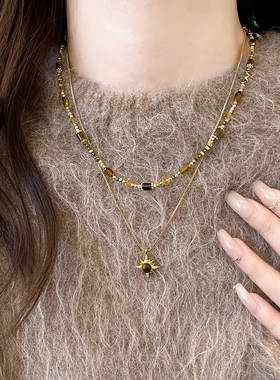 古里雅金色虎眼石毛衣链高级感