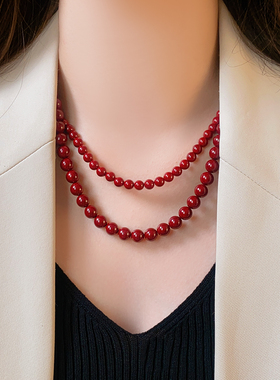古里雅施家红色珍珠项链高级感