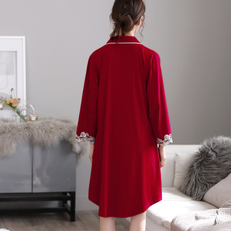 蓝豆娘纯棉衬衫裙春秋中长款薄睡裙 蓝豆娘睡裙