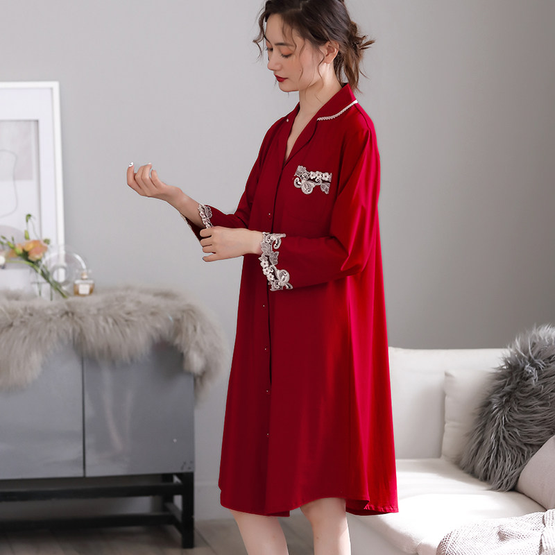 蓝豆娘纯棉衬衫裙春秋中长款薄睡裙 蓝豆娘睡裙