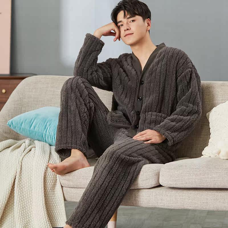 蓝豆娘秋冬季北极绒中年男士睡衣 蓝豆娘睡衣/家居服套装