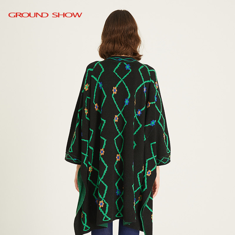 阁兰秀秋冬新款黑色插肩袖T廓形菱格提花针织连衣裙商场同款女装