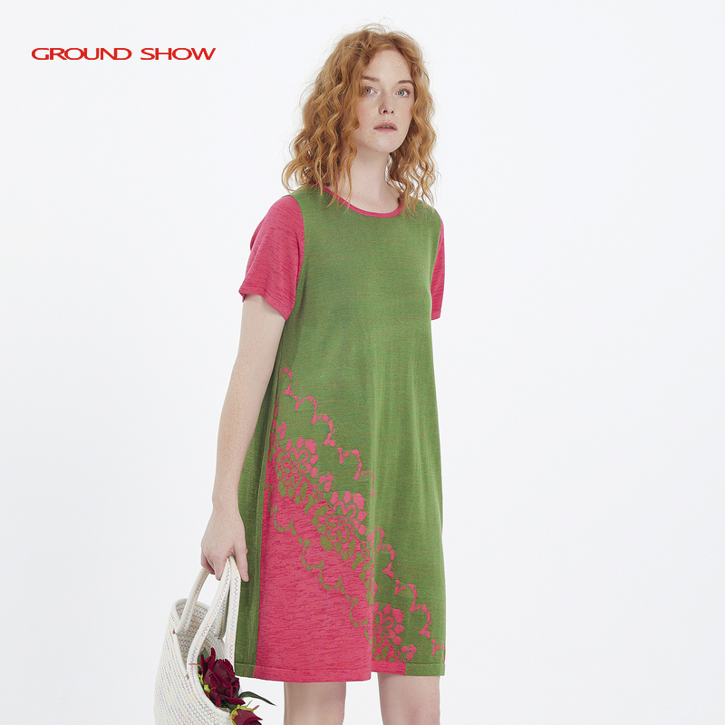 Ground Show/阁兰秀2024夏季新款提花针织连衣裙拼接撞色短袖圆领-图1