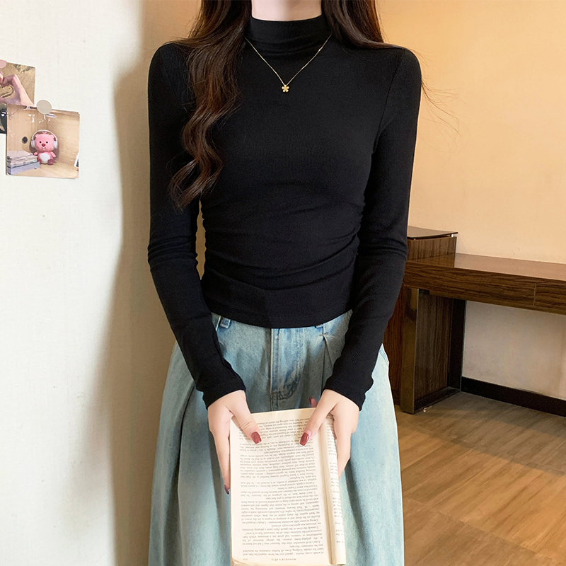 黑色针织半高领加绒打底衫女2025新款秋冬内搭紧身小个子短款上衣 - 图0