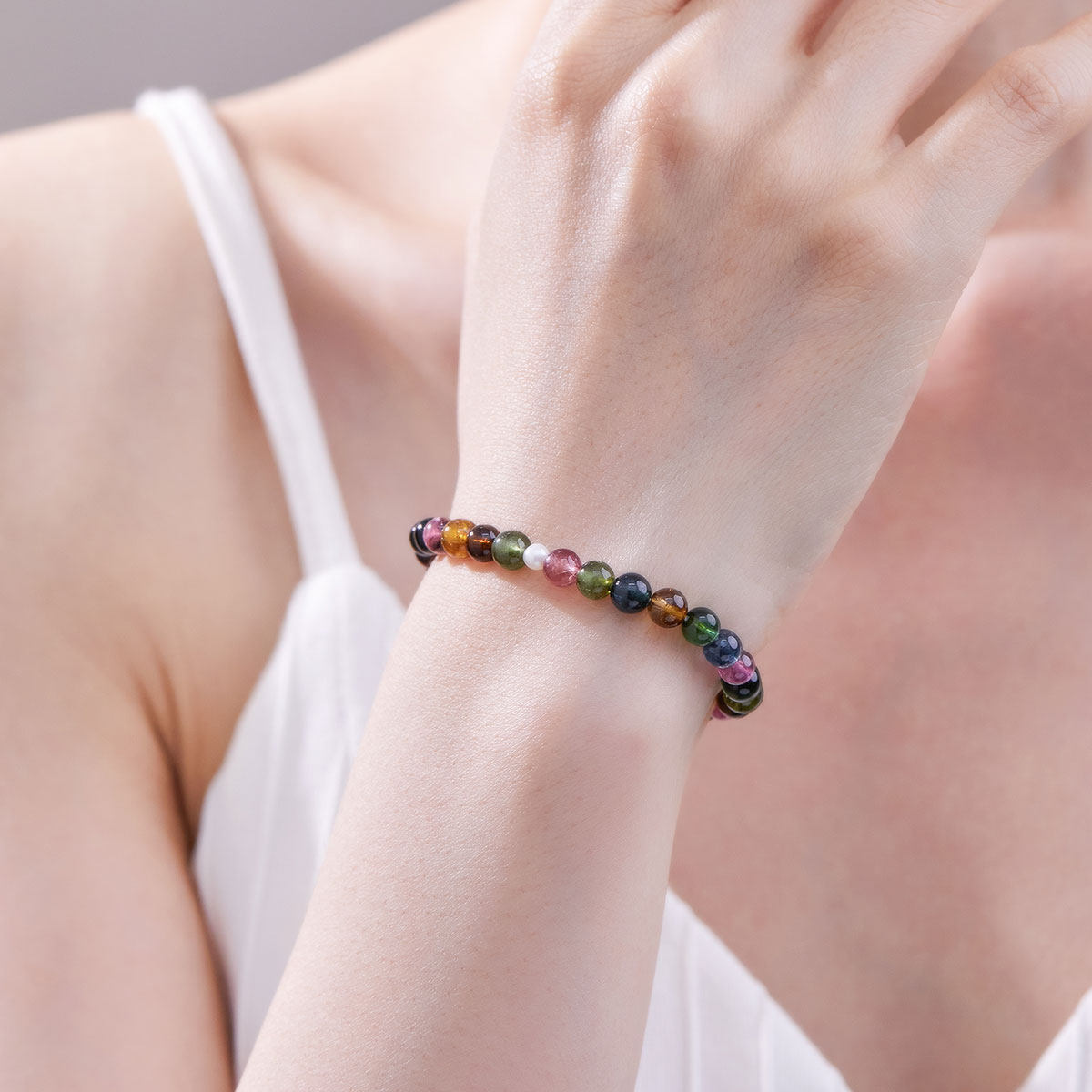 Meluxe美奈【彩虹系列】彩虹碧玺弹力绳淡水珍珠手链,淘宝优惠券,粉丝福利购,淘宝优惠卷