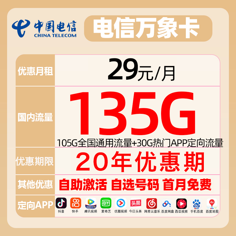 电信流量卡4g5G手机卡电信星海卡电信万象卡纱灯卡上网卡电话卡-图0